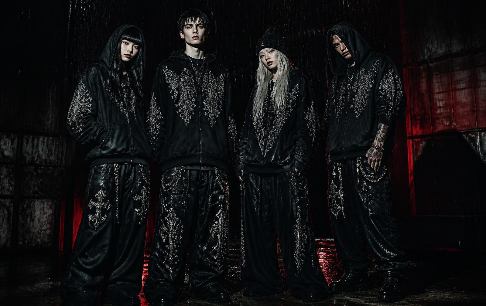 Noctry Edition 001 campaign: four figures in black ornate-print outerwear in a rain-lit room under red light
