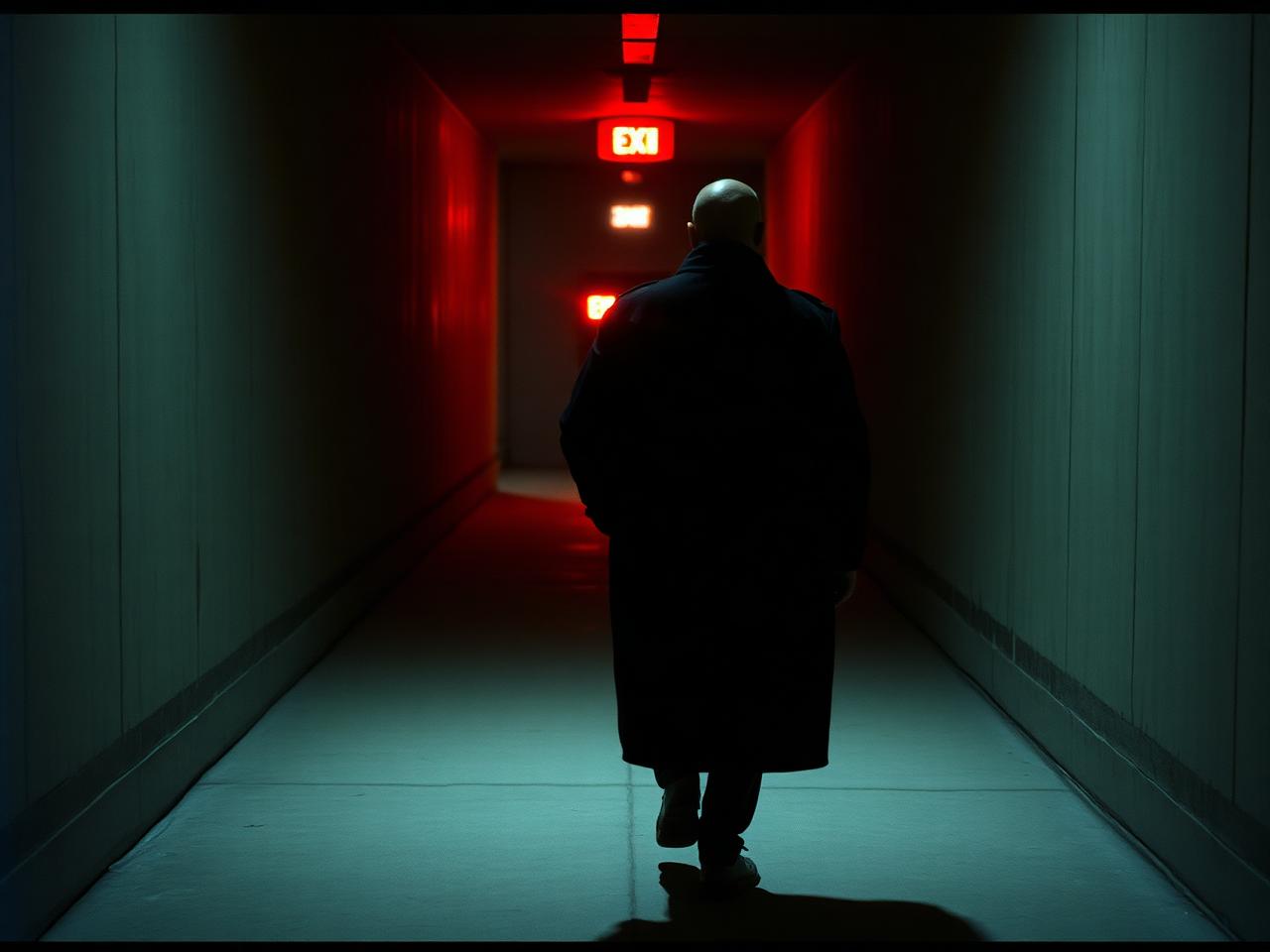 Figure in an oversized black coat walking away down a dim corridor under red light