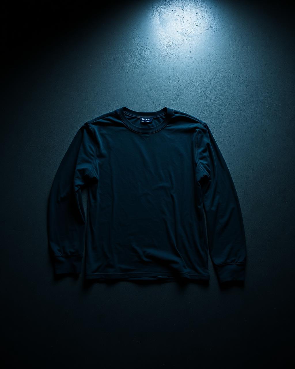 Distressed washed black long sleeve top laid flat on dark concrete