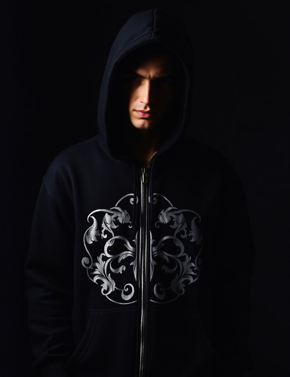 Black zip hoodie with ornate silver print, hood raised, in shadow