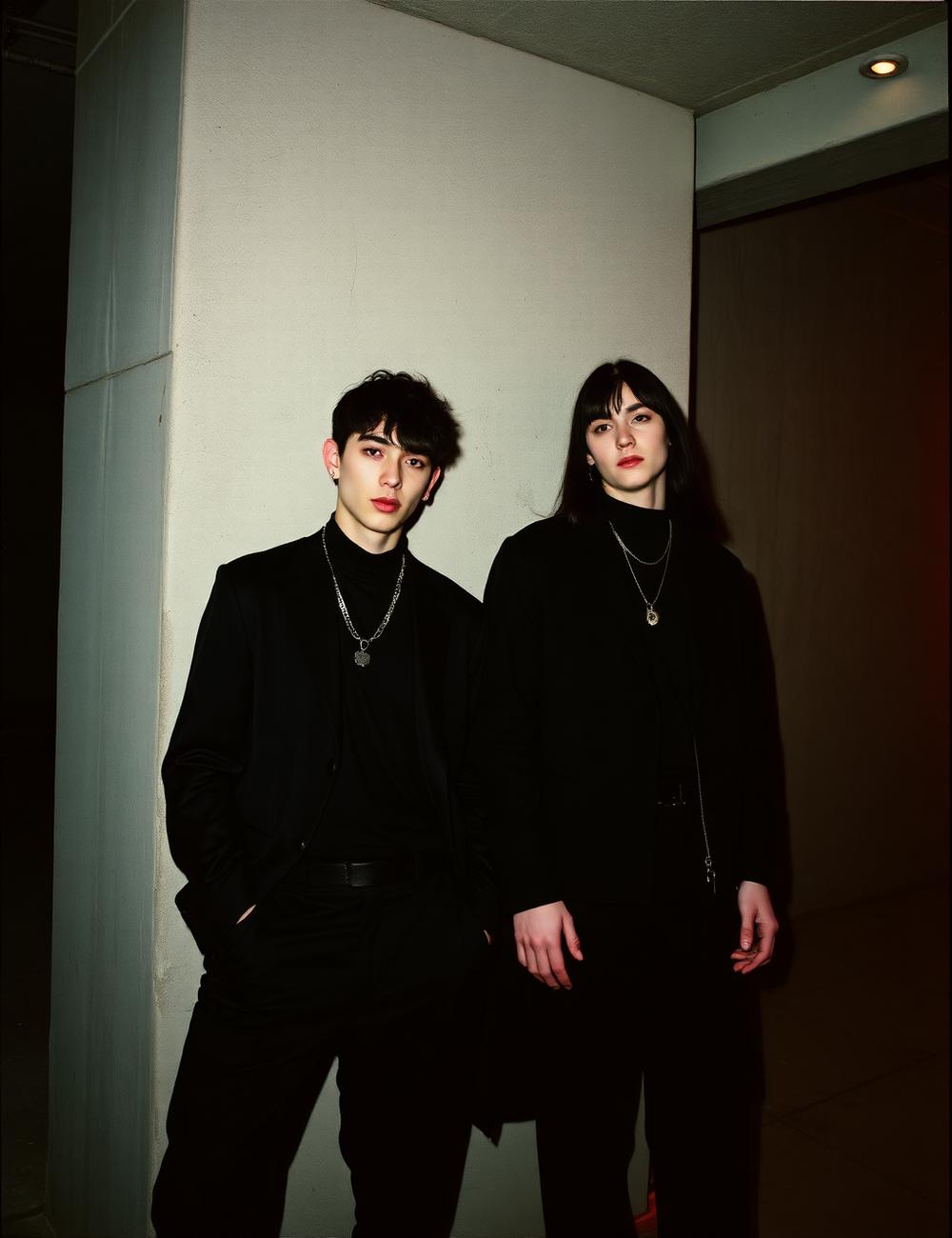 Two figures in all-black tailoring in a dim concrete stairwell