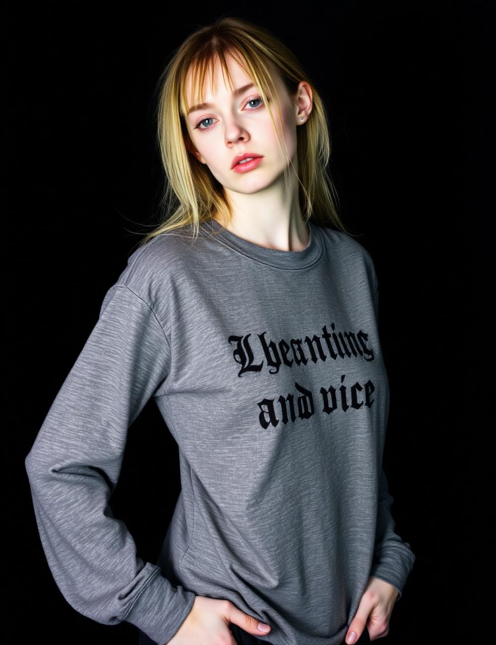 Grey long sleeve top with faded gothic script print